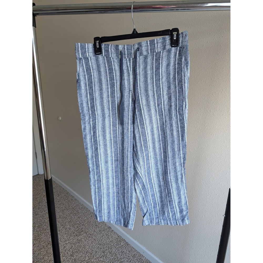 Dash Womens Blue White Striped Linen Blend Cropped Wide Leg Pants Size M